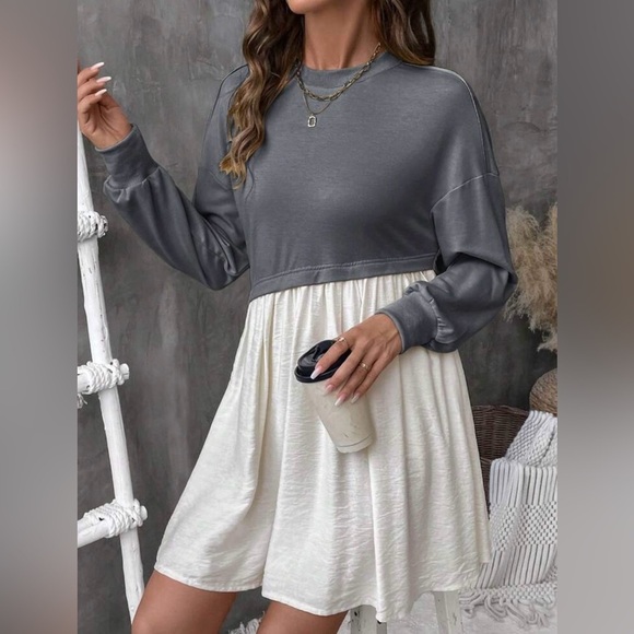 None Dresses & Skirts - Gray Cream Colorblock Long Sleeve Shift Dress Size Small